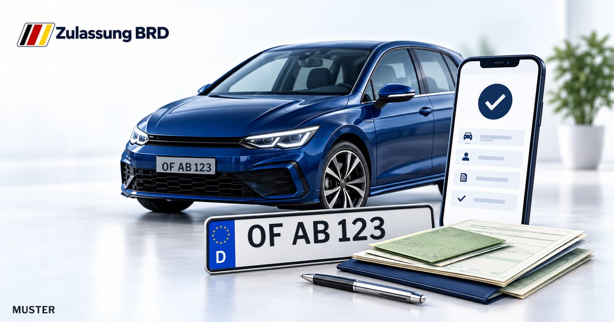 Online Fahrzeugzulassung in Dreieich: Musterkennzeichen OF AB 123, Auto und Fahrzeugpapiere und Smartphone. Illustration mit Logo von Zulassung BRD.